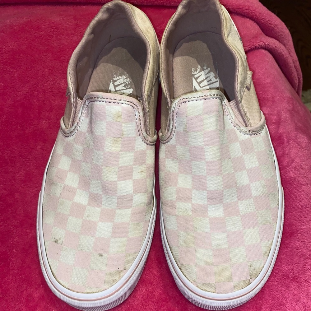 Pink checkered slip on vans